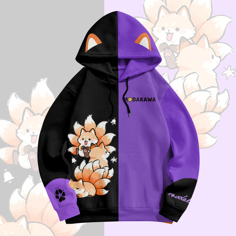 MODAKAWA Color Block Nine-tailed Fox Graphic All Over Print Pullover Hoodie - Black&Purple - 6XL - image 3