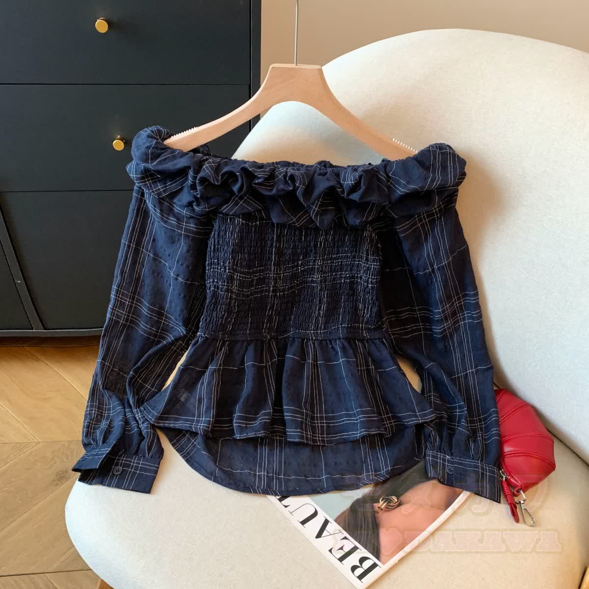 Korean Chic Plaid Off Shoulder Long Sleeves Top - image 6