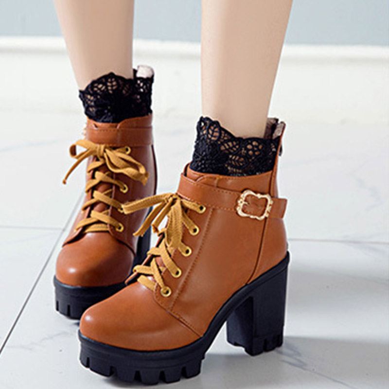 Lace Buckle Lace-Up High Heel Boots - image 5