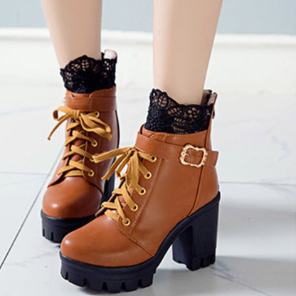 Lace Buckle Lace-Up High Heel Boots - image 5