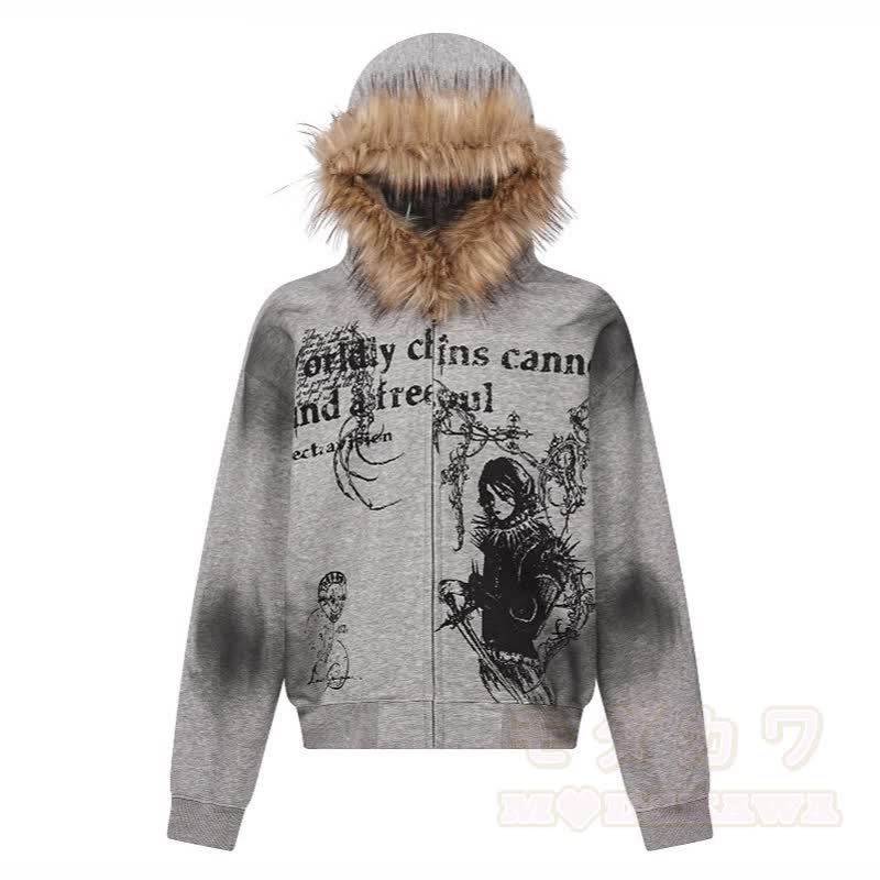 Vintage Street Style Faux Fur Trim Hooded Zip Up Sweatshirt  - Grey - 2XL - image 7