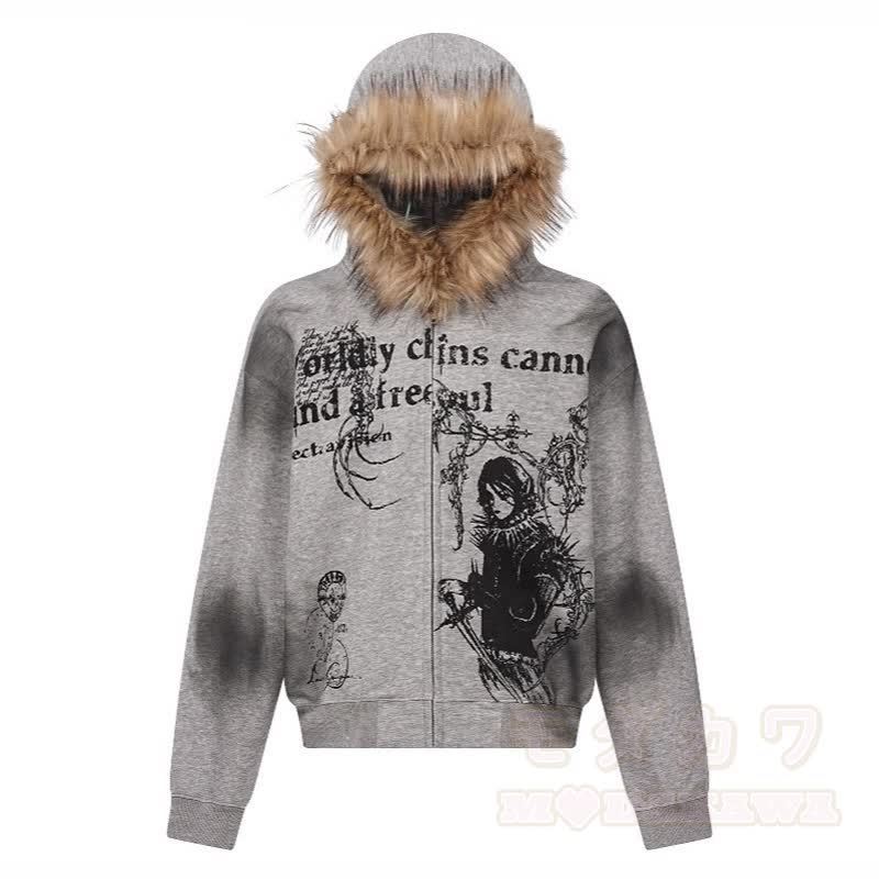 Vintage Street Style Faux Fur Trim Hooded Zip Up Sweatshirt  - Grey - 2XL - image 7