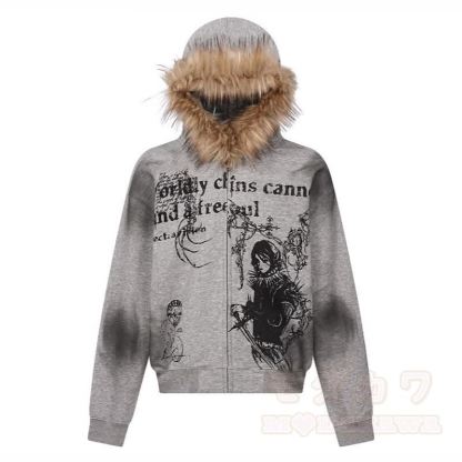 Vintage Street Style Faux Fur Trim Hooded Zip Up Sweatshirt  - Grey - 2XL - image 7