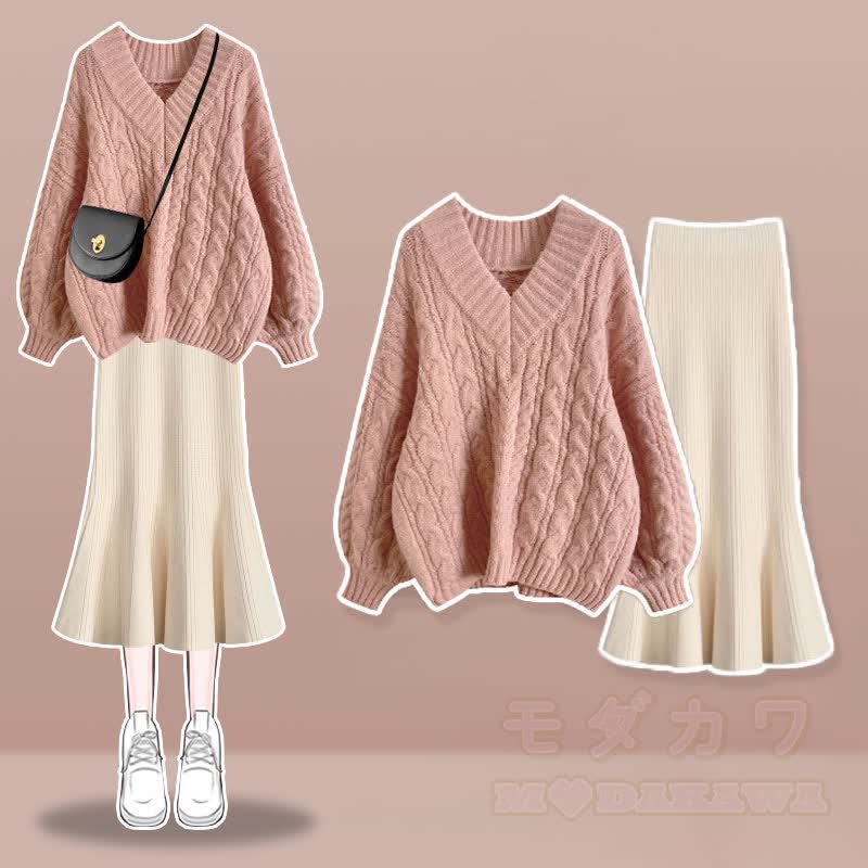 V-neck Cable Sweater Fishtail Skirt Two Pieces Set - Pink Set - XL - image 1