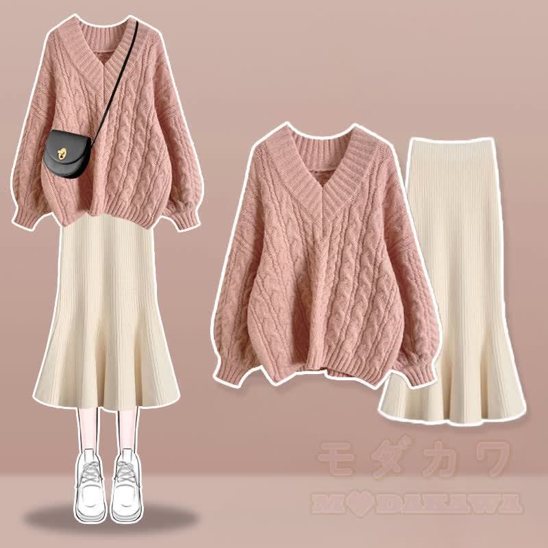 V-neck Cable Sweater Fishtail Skirt Two Pieces Set - Pink Set - XL - image 1