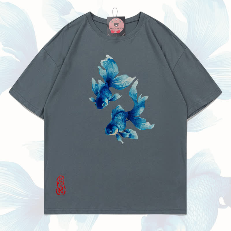 MODAKAWA Fish Graphic 100% Cotton T-shirt - Grey - 5XL - image 16