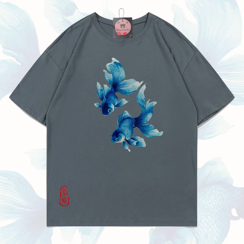 MODAKAWA Fish Graphic 100% Cotton T-shirt - Grey - 5XL - image 16