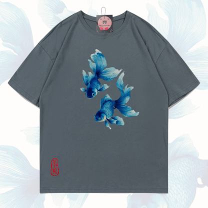 MODAKAWA Fish Graphic 100% Cotton T-shirt - Grey - 5XL - image 16