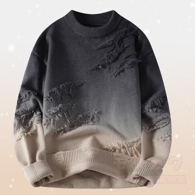 Gradient Knit Ripped Sweater Fleece Lined Pants Two Pieces - Khaki Sweater - 4XL - image 6