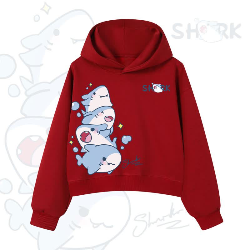 MODAKAWA Bubble Sharks Graphic Cropped Cotton Hoodie - Red - 3XL - image 12