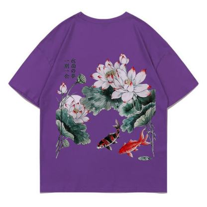 MODAKAWA Flower Fish Print Loose Summer Short Sleeve T-Shirt - Purple - 5XL - image 14