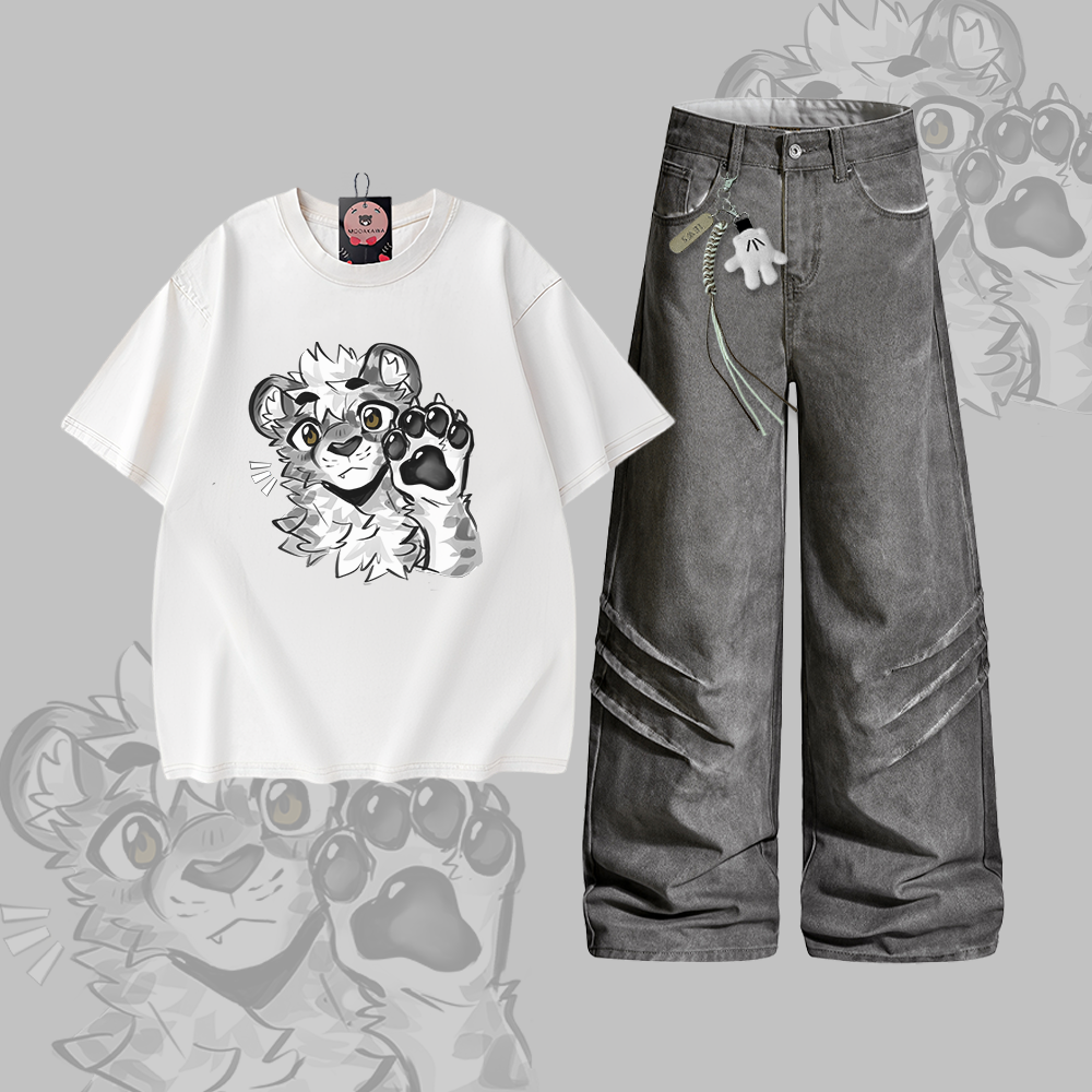 MODAKAWA X atka Tiger Paw Graphic Vintage Washed 100% Cotton T-shirt Denim Pants Two Pieces Set - Set B - 2XL - image 2