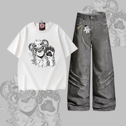 MODAKAWA X atka Tiger Paw Graphic Vintage Washed 100% Cotton T-shirt Denim Pants Two Pieces Set - Set B - 2XL - image 2