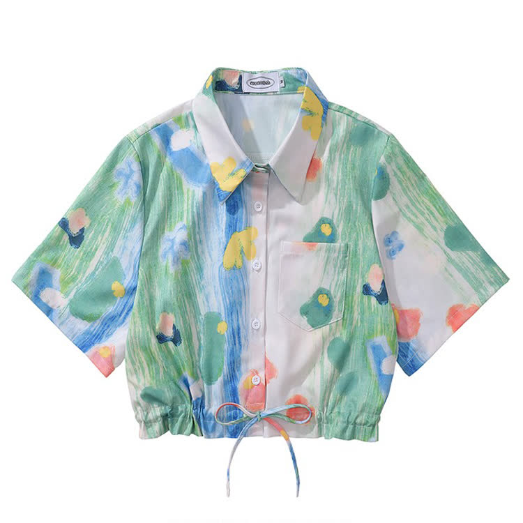 Vintage Print Short Sleeve Button-Up Shirt - Multicolor L - L - image 13