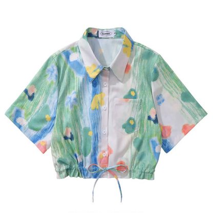 Vintage Print Short Sleeve Button-Up Shirt - Multicolor L - L - image 13