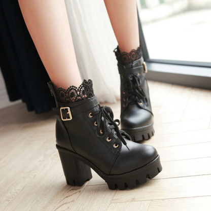Lace Buckle Lace-Up High Heel Boots - image 3