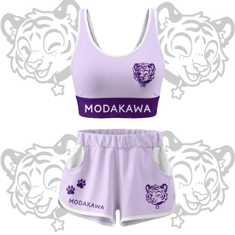 Happy Tiger Graphic Crop Tank Sport Top Shorts Bikini Modakawa Matching Outfit - Purple Set - 5XL - image 13