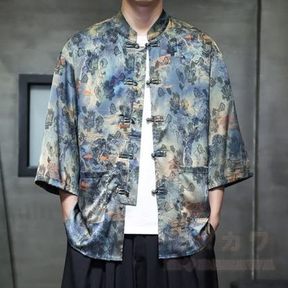 Chinese Dragon Print Frog Button Open Front Mandarin Shirt - Multicolor G - 5XL - image 9
