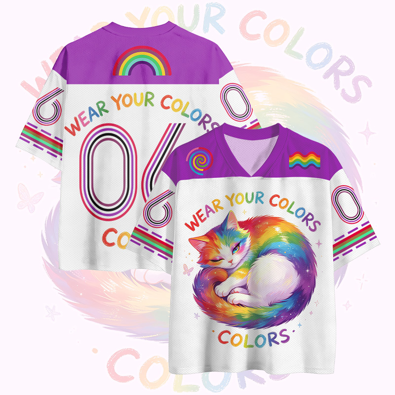 WEAR YOUR COLORS Rainbow Cat Number Graphic Vintage Mesh Jersey T-shirt - Purple - 4XL - image 2