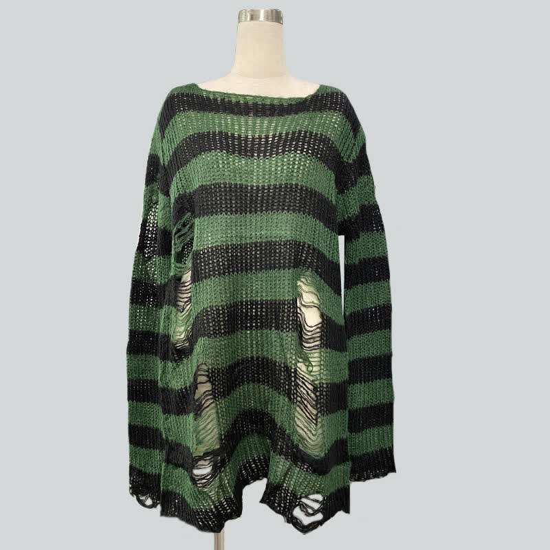 Oversized Striped Hollow Out Ripped Long Sleeve Knit Sweater - Black & Green - One Size - image 7