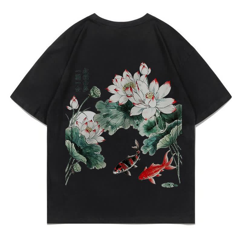 MODAKAWA Flower Fish Print Loose Summer Short Sleeve T-Shirt - Black - 5XL - image 16