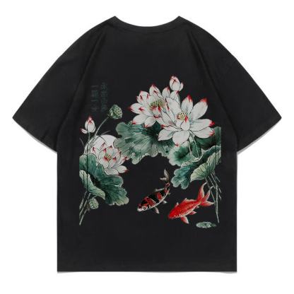 MODAKAWA Flower Fish Print Loose Summer Short Sleeve T-Shirt - Black - 5XL - image 16