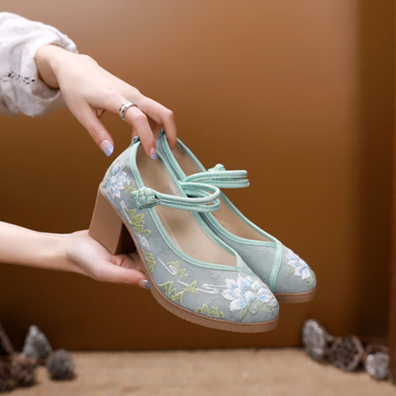 Vintage Floral Embroidery Canvas High Heel Shoes - Green - 40 - image 2