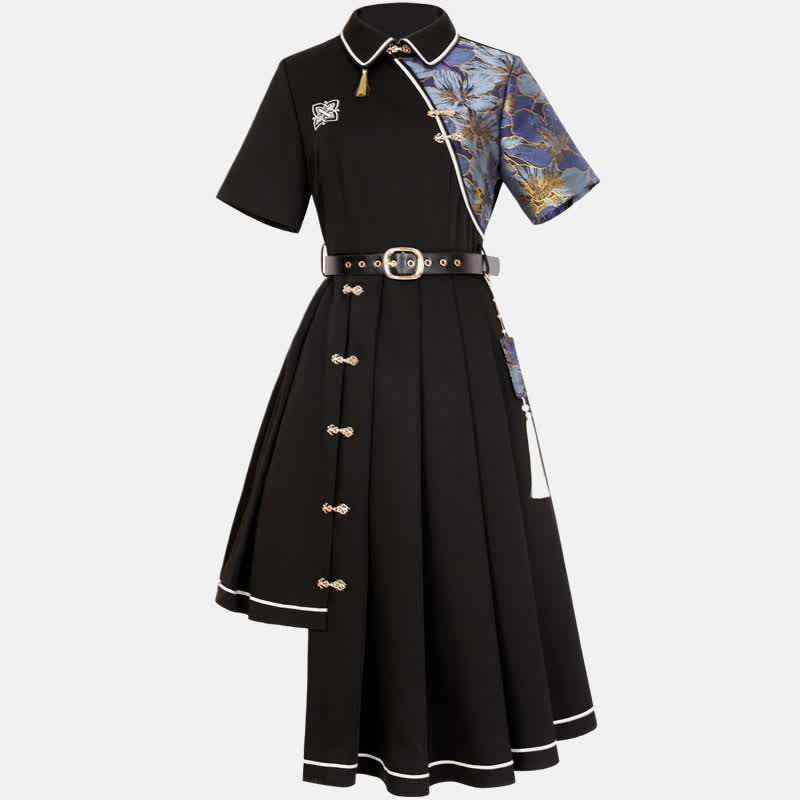 Vintage Lapel Floral Embroidery Button Splice Irregular Dress With Belt - Short Sleeves - L - image 4