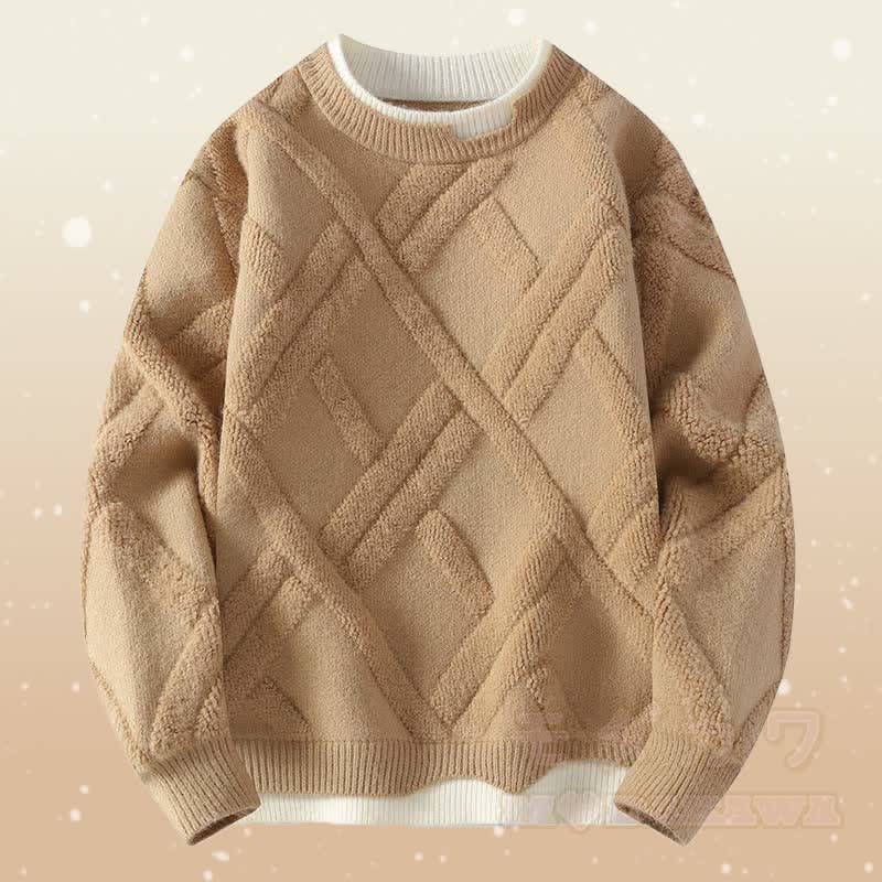 Faux Layered Knit Sweater Plaid Fleece Lined Pants Two Pieces - Khaki Sweater - 2XL - image 5
