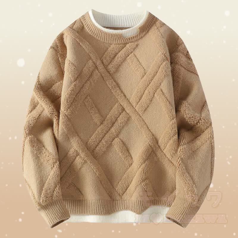 Faux Layered Knit Sweater Plaid Fleece Lined Pants Two Pieces - Khaki Sweater - 2XL - image 5