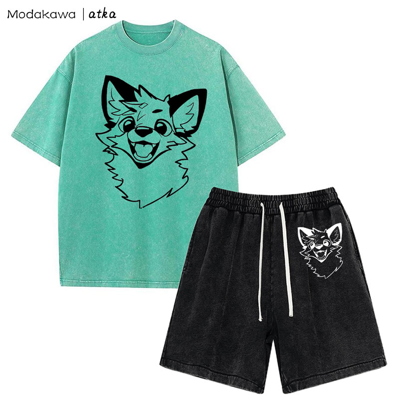 MODAKAWA X atka Fox T-shirt Vintage Washed Shorts Two Pieces Set - Green&Black - 3XL - image 8
