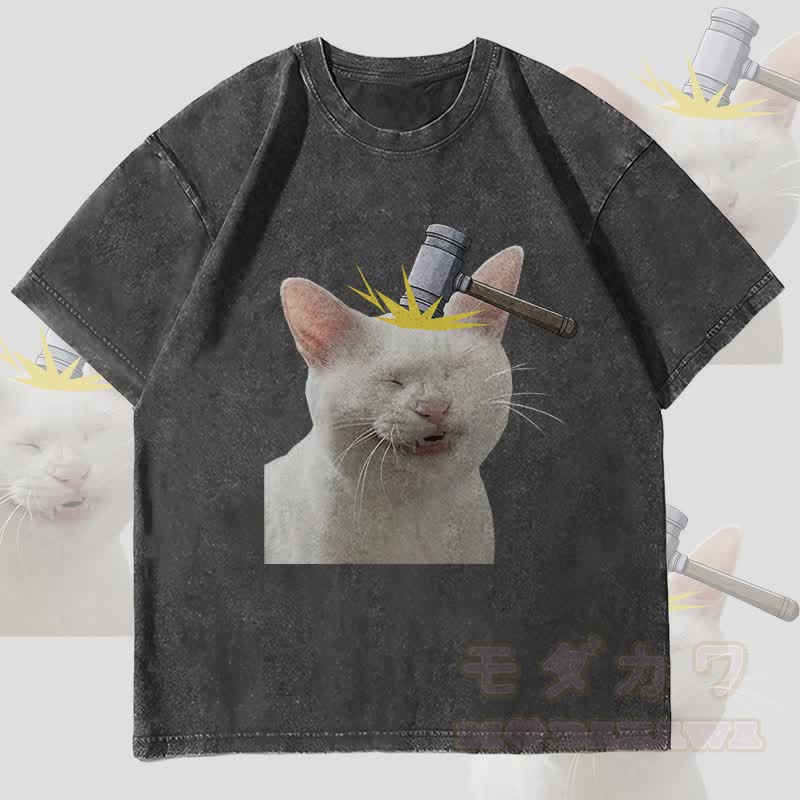 MODAKAWA Bonked Cat Graphic Unisex Vintage Washed T-Shirt - Black - 4XL - image 4
