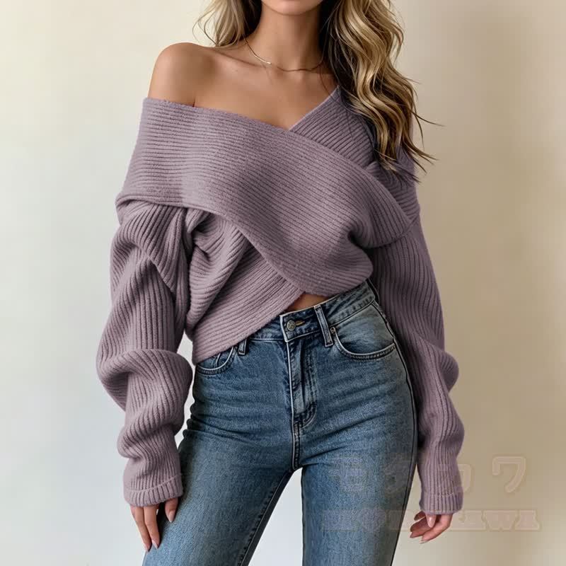 Cross Wrap Off Shoulder Irregular Loose Cropped Knit Sweater - Purple - One Size - image 7