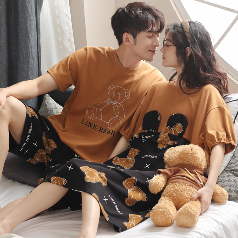 Girlfriend Boyfriend Cartoon Bear Letter Print Cotton Pajamas Set - image 1