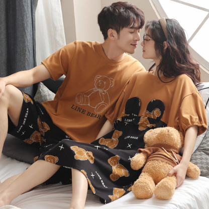 Girlfriend Boyfriend Cartoon Bear Letter Print Cotton Pajamas Set - image 1