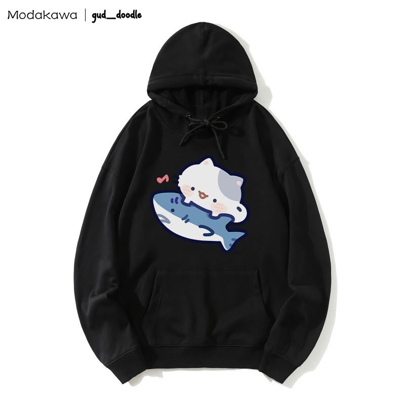 MODAKAWA X gud_doodle Kitty Shark Print Loose Hoodie - Black - 5XL - image 5