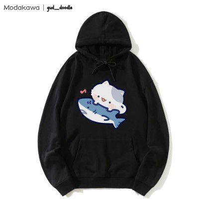 MODAKAWA X gud_doodle Kitty Shark Print Loose Hoodie - Black - 5XL - image 5