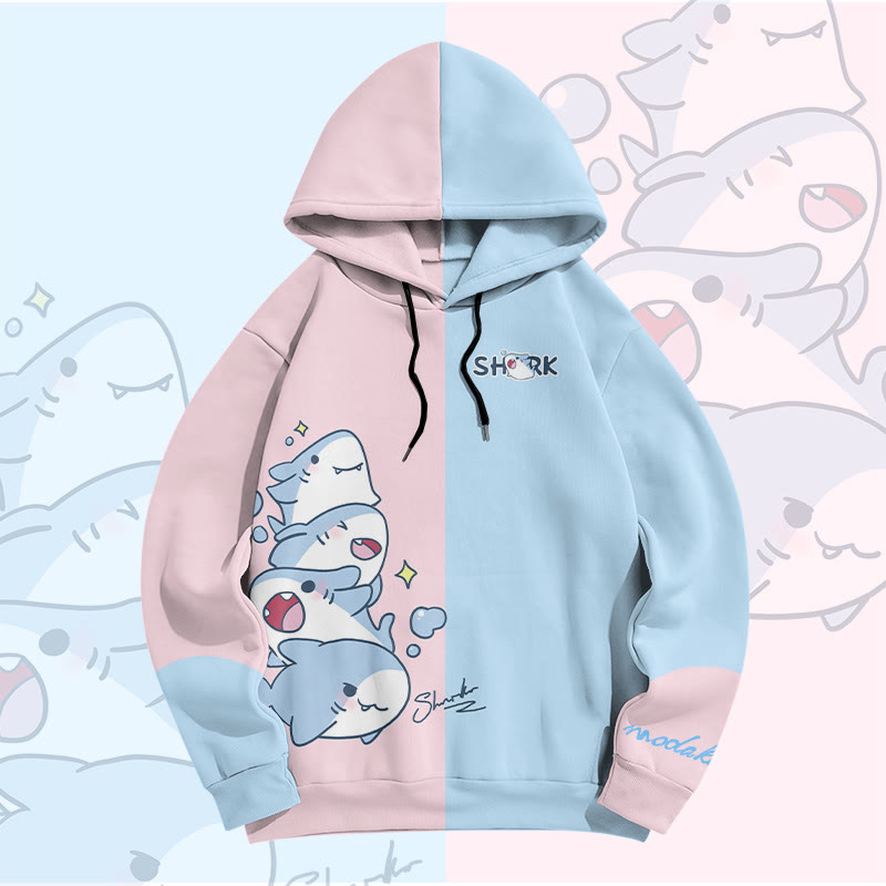 MODAKAWA Color Block Playful Shark Graphic All Over Print Pullover Hoodie - Pink&Blue - 6XL - image 3