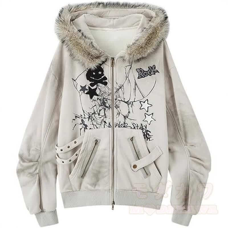 Vintage Distressed Bunny Ear Hooded Zip Up Sweatshirt Jacket - Beige - XL - image 6
