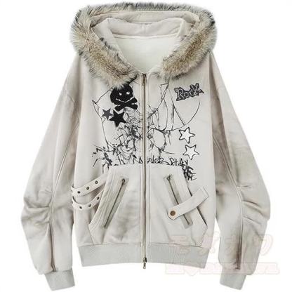 Vintage Distressed Bunny Ear Hooded Zip Up Sweatshirt Jacket - Beige - XL - image 6