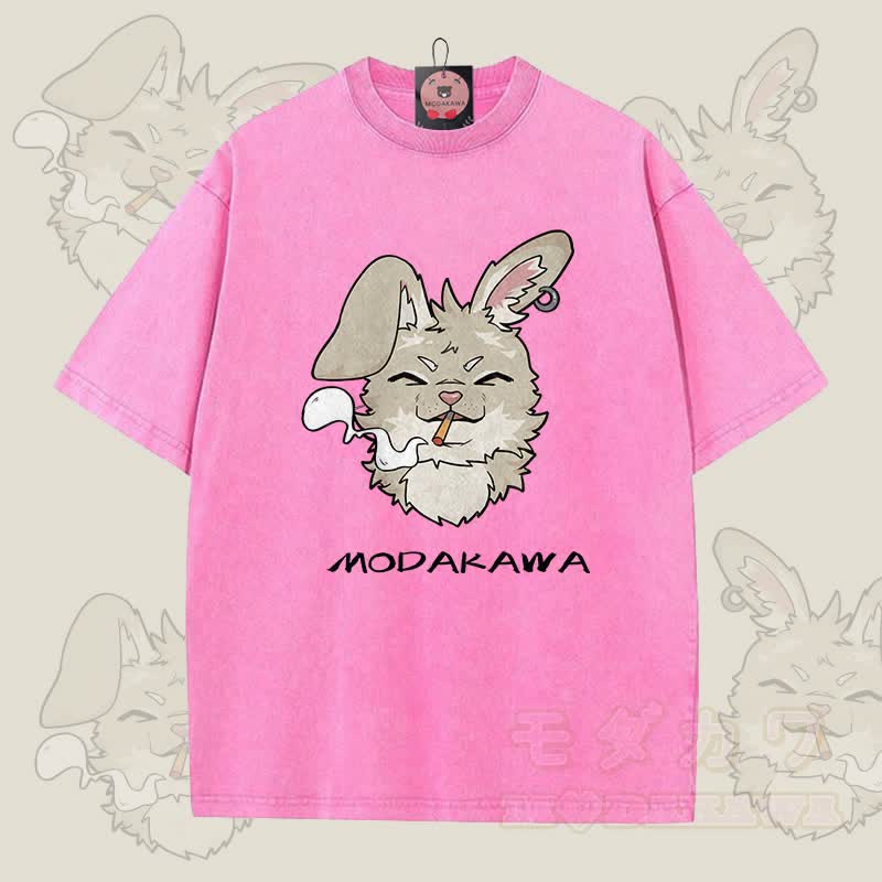 MODAKAWA Nabi Smoking Graphic Unisex Vintage Washed T-shirt - Rose Red - 5XL - image 8