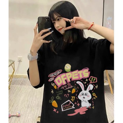 Cartoon Bunny Bear Sheep Print Loose T-Shirt - image 1