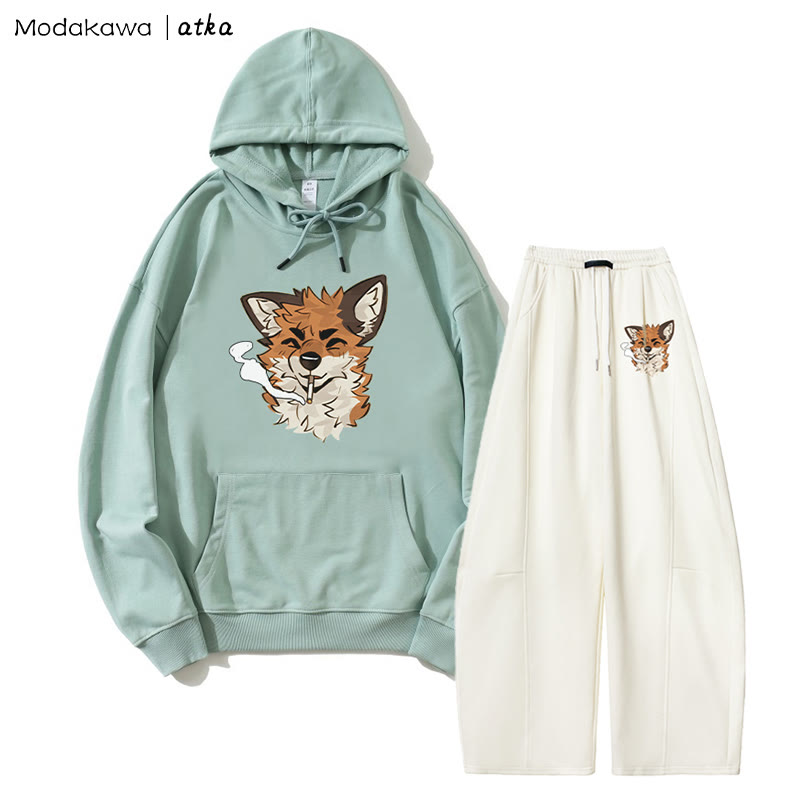 MODAKAWA X atka Fox Smoking Graphic Hoodie Wide Leg Pants Two Pieces Set - Green&White - 5XL - image 5