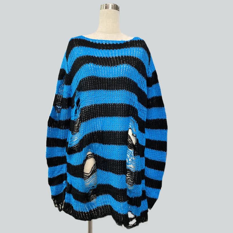 Oversized Striped Hollow Out Ripped Long Sleeve Knit Sweater - Black & Blue - One Size - image 9