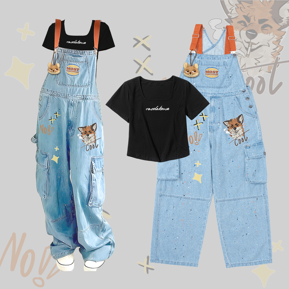 MODAKAWA X atka Letter Graphic Square Neck T-shirt Fox Pendant Fox Smoking Graphic Denim Overalls Two Pieces Set - Black & Blue - 2XL - image 3