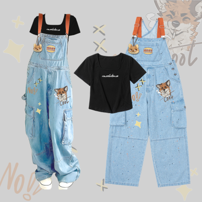 MODAKAWA X atka Letter Graphic Square Neck T-shirt Fox Pendant Fox Smoking Graphic Denim Overalls Two Pieces Set - Black & Blue - 2XL - image 3