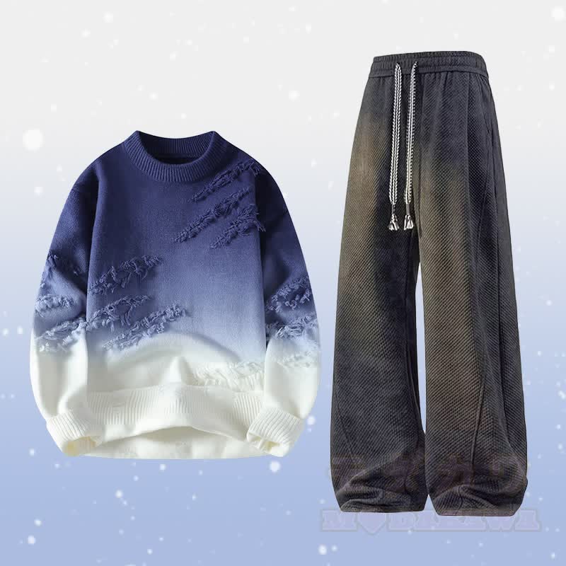 Gradient Knit Ripped Sweater Fleece Lined Pants Two Pieces - Set D - 4XL - image 4