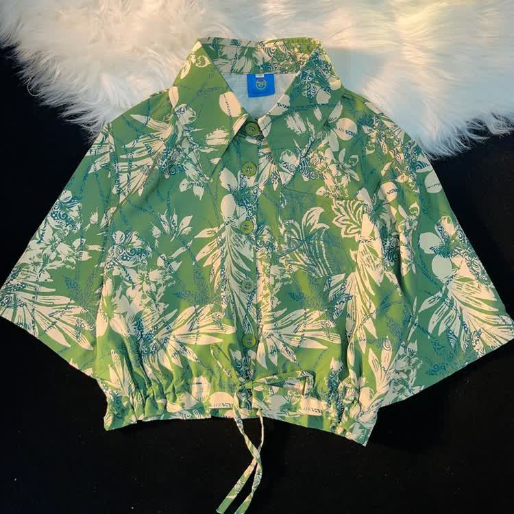 Tropical Print Cropped Button-Up Shirt - Multicolor O - L - image 17