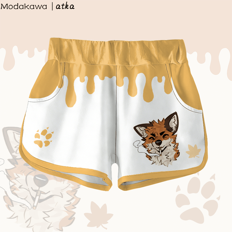 MODAKAWA X atka Maple Leaf Fox Smoking Graphic Shorts - Yellow - 5XL - image 2