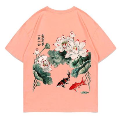 MODAKAWA Flower Fish Print Loose Summer Short Sleeve T-Shirt - Coral Peach - 5XL - image 10